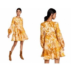 NWOT Zimmermann Linen Mini Dress Size 1 US 6 Yellow Gold Mod Print Pockets Zip